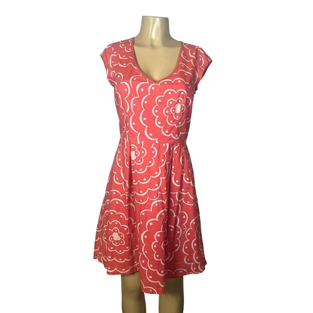 Boden Dress Scallop Floral Cotton Fit Flare 6R Coral Pink White WH778